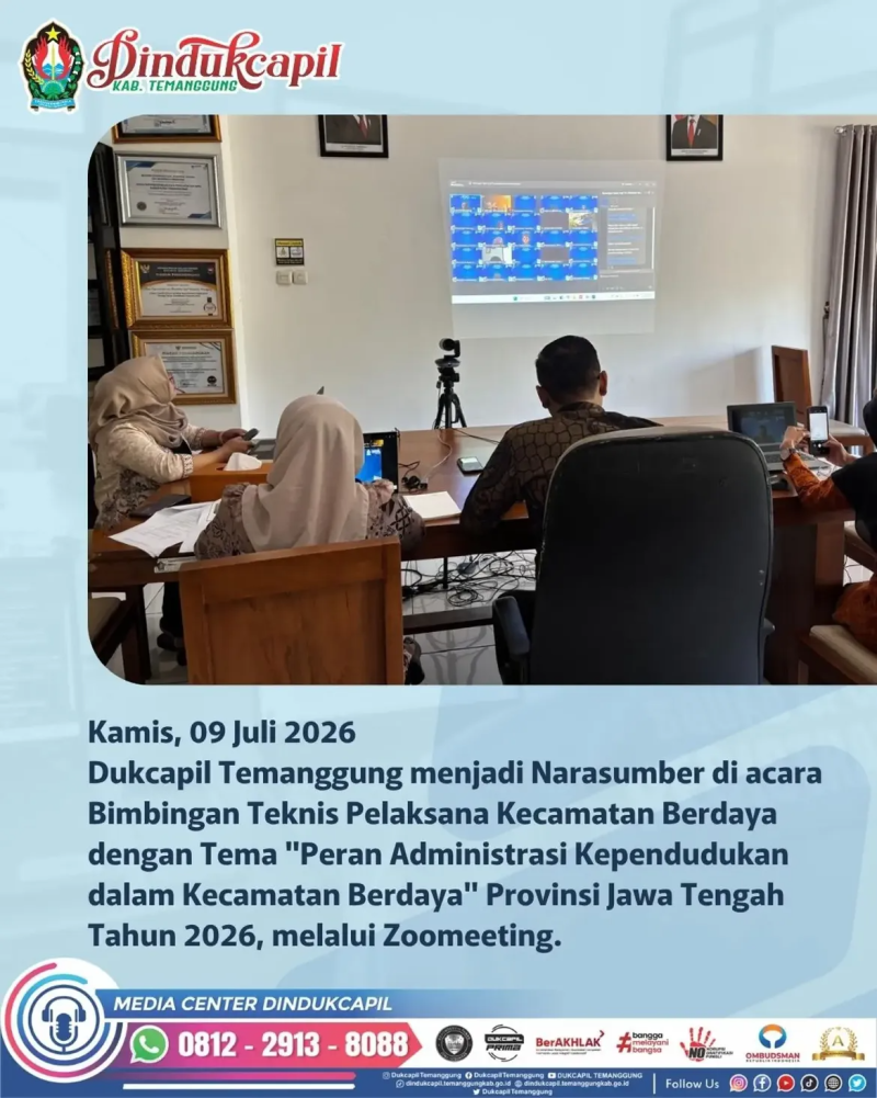 Dinas Kependudukan dan Pencatatan Sipil (Dukcapil) Kabupaten Temanggung dipercaya menjadi narasumber dalam Bimbingan Teknis Kecamatan Berdaya Tahun 2026