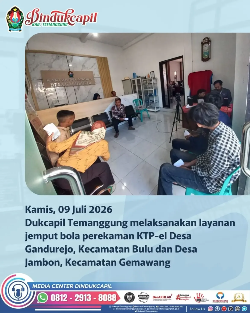 Dinas Kependudukan dan Pencatatan Sipil (Dukcapil) Kabupaten Temanggung kembali melaksanakan layanan Jemput Bola (JB) Perekaman KTP-el Pemula pada Kamis, 9 Juli 2026