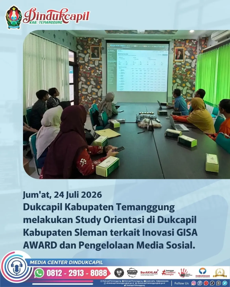 Dinas Kependudukan dan Pencatatan Sipil Kabupaten Temanggung melaksanakan Study Orientasi ke Dukcapil Kabupaten Sleman s