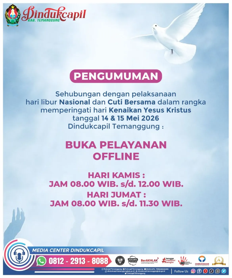 PENGUMUMAN PELAYANAN DINDUKCAPIL TEMANGGUNG