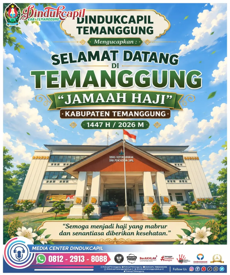 Keluarga Besar Dinas Kependudukan dan Pencatatan Sipil Kabupaten Temanggung mengucapkan selamat datang kembali kepada seluruh Jamaah Haji Kabupaten Temanggung Tahun 1447 H / 2026 M.