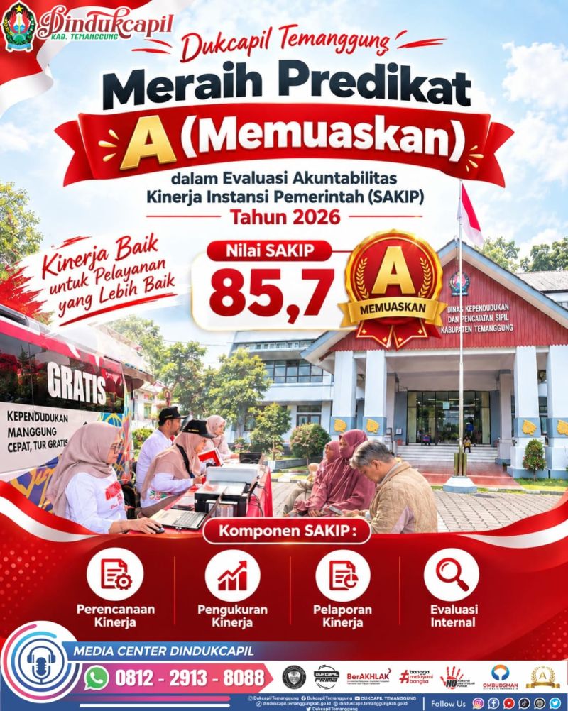 Dukcapil Temanggung Meraih Predikat A (Memuaskan) dalam Evaluasi SAKIP Tahun 2026 dengan nilai 85,7